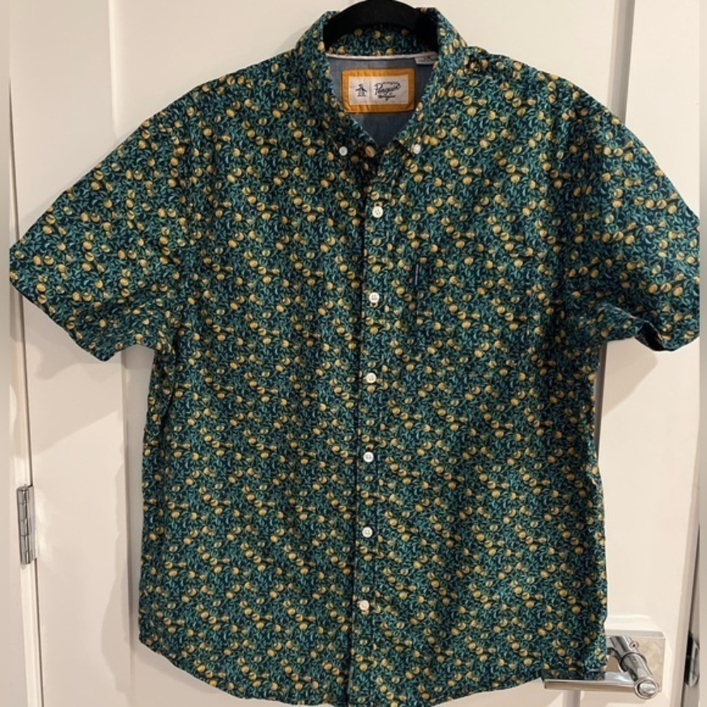 Original Penguin lime and lemons Camp Shirt size LARGE L green yellow orange
